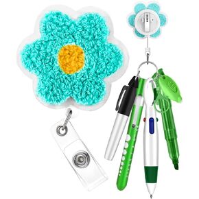 Plifal Nurse Pen Set Badge Reel Holder Accessories Clip - Retractable Mini Nursing Ball Pen Permanent Marker Highlighter Light Penlight Small Flashlight Work Student Office Hospital Green