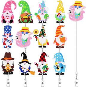 yunsailing 12 PCS Holiday Gnome Badge Beads Holder Retractable Retractable Gnome Badge Moled Mistrics Christmas Halloween For Furns Forms Teacher Steptors Volunte (Stitchwork)