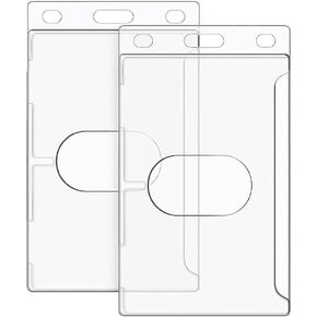 Hard Plastic Badge Holder, FadyRaye Clear ID Badge Name Card Holder with Easy Access Thumb Slot, Vertical Style, 2 Pack