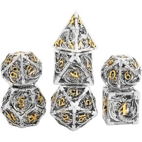 Hollow Metal DND Game Dice Dragon Shape Carved Silver and Gold Number 7Pcs Set for Dungeons and Dragons RPG MTG Table Games D&D Pathfinder Shadowrun and Math Teaching (with Metal Case) ?-