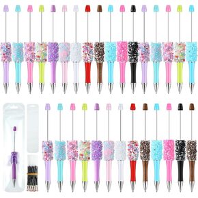 90 Pieces DIY Beadable Pens Kit 30 Pcs Plastic Petal Glitter Beaded Pens 30 Pcs Refills and 30 Pcs Pen Bags Included Black Ink Ballpoint Pens for DIY Making Office Party