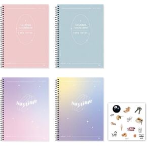 Cute Korean Aesthetic Illustrated Fairycore y2k Pastel Planning Studying Spiral Blank Unruled Notebook / Journal for girls, Women, College, School with soft cover - 160p each, 4 Count + dalgaru sticker