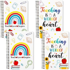 4Pack A5 Teacher Spiral Notebooks - Teaching is A Work of Heart Ruled Hardbound Journal Writing Notebooks School Office Supplies Teacher Appreciation Gift Back to School Notepad Diary