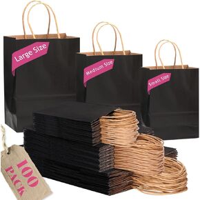 qiqee 100-Packs Black Paper Gift Bags with Handles Bulk Assorted Sizes(33 Large 13", 33 Medium 11", 34 Small 8")