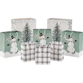 Hallmark Christmas Gift Bag Assortment (8 Bags: 3 Small 6", 3 Medium 9", 2 Large 13") White and Sage Green with Rustic Snowman, Plaid, Evergreen Tree for Christmas, Winter Weddings, Birthdays