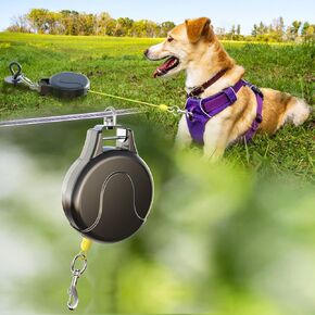 30ft Retractable Dog Leash and Dog Tie Out Cable, 2-in-1 Lead for Zipline, Aerial Run Cable Trolley Or Anchor, No Tangle Retractable Tie Out Reel for Camping Or Yard