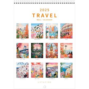 Wall Calendar 2025 World Travel Monthly Wall Calendar 12 Month Hanging Wall Planner，8.3" X 11.7 ", Thick Paper, Illustrated