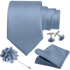 Men's Solid Tie Set 3.15"（8cm） Necktie and Lapel Pin Woven Handkerchief Cufflinks Set for Wedding Party