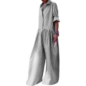 جمبسوت نسائي من utcoco بأكمام طويلة وأرجل واسعة منقوشة كاجوال فضفاض وأزرار لأعلى من قطعة واحدة بذلة طويلة in Kuwait