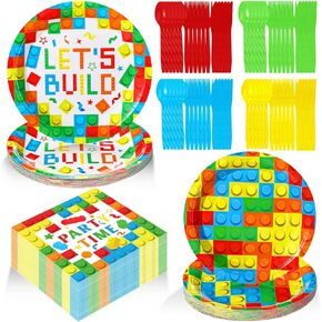 Gejoy 96 Pcs Building Block Birthday Party Supplies, Include 7 Inch 9 Inch Brick Party Plates and Napkins Disposable Plastic Spoons Forks Knives for Girls Birthday Decorations Serves 24 (Bright Color)