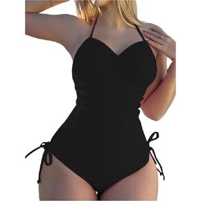Women's Solid Drawstring Halter Tie Side One Piece Swimsuit Y2K Ruched Bathing Suits Backless Swimwear Beachwear