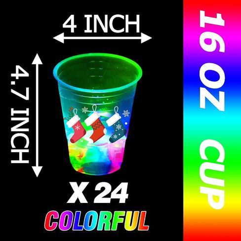 Mishun Trading 24 Pcs Christmas Party Cups, Glowing Flashing Theme, 16oz Plastic Party Cup, Modern with LED Lights, Reusable, 24 Count, Christmas Theme, Adult in Saudi Arabia