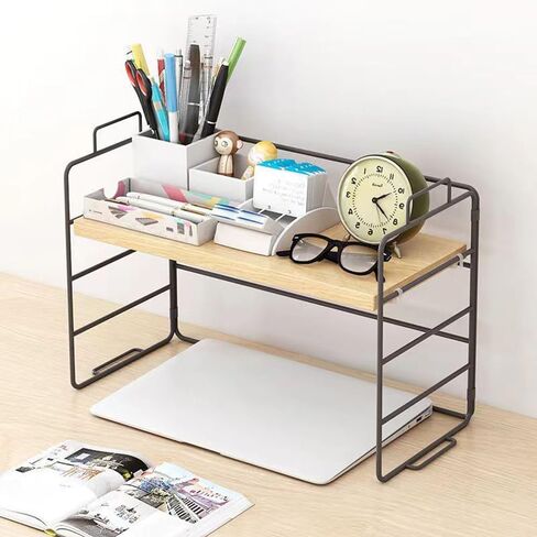 HBLUEFAT منظم رف سطح المكتب ، رف تخزين الكتب الخشبي القابل للتعديل ، رف تخزين صغير متعدد الوظائف قابلة للتكديس على رف شاشة للمكاتب المنزلية ، مطبخ ، غرفة نوم (خشب+أسود) in Kuwait