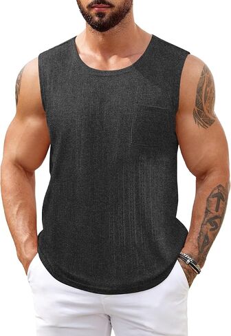 COOFANDY Men's Knit Tank Tops Casual Sleeveless T Shirts Beach Tank Shirts with Pocket in Kuwait