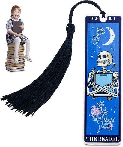 Skeleton Tarot Metal Bookmark with Tassels – Funny Gothic Horror Bookmark, Unique Skull Tarot Card Bookmark for Book Lovers – Perfect Gift for Women, Men, Teens on Christmas (Black) in Kuwait