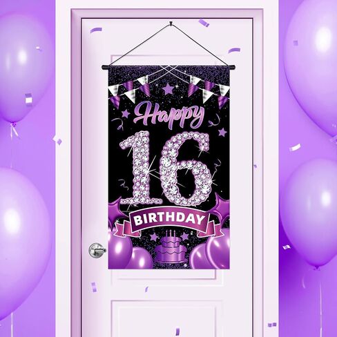 حلوة 16 ديكورات عيد ميلاد للفتيات الأرجواني سعيد 16 عيد ميلاد علامة الأرجواني الأسود السادس عشر عيد ميلاد لافتة بانير كروز ديكور للنساء اللوازم الحفلات الأرجواني السادس عشر 19.6 × 11.8 بوصة in Kuwait