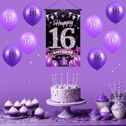 حلوة 16 ديكورات عيد ميلاد للفتيات الأرجواني سعيد 16 عيد ميلاد علامة الأرجواني الأسود السادس عشر عيد ميلاد لافتة بانير كروز ديكور للنساء اللوازم الحفلات الأرجواني السادس عشر 19.6 × 11.8 بوصة in Kuwait