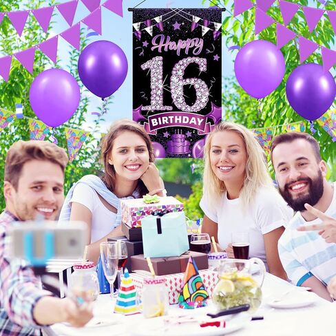 حلوة 16 ديكورات عيد ميلاد للفتيات الأرجواني سعيد 16 عيد ميلاد علامة الأرجواني الأسود السادس عشر عيد ميلاد لافتة بانير كروز ديكور للنساء اللوازم الحفلات الأرجواني السادس عشر 19.6 × 11.8 بوصة in Kuwait