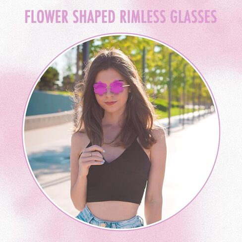 Rimless Flower Shape Sunglasses Fashion Glasses Women Men Party Christmas Cosplay Glasses Prom Accessories (Pink) in Kuwait
