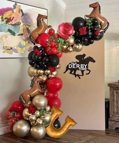 Derby Balloon Garland Arch KT ، 144pcs بالونات حمراء ذهبية سوداء مع روز حصان حصان البالونات للركض لزخارف سباق الخيل في كنتاكي في كنتاكي in Kuwait
