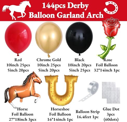Derby Balloon Garland Arch KT ، 144pcs بالونات حمراء ذهبية سوداء مع روز حصان حصان البالونات للركض لزخارف سباق الخيل في كنتاكي في كنتاكي in Kuwait