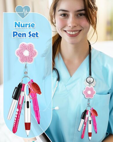 Plifal Nurse Pen Set Badge Reel Holder Accessories Clip - Retractable Mini Nursing Ball Pen Permanent Marker Highlighter Light Penlight Small Flashlight Work Student Office Hospital Green in Saudi Arabia