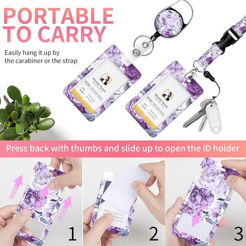 ID Badge Holder with Heavy Duty Retractable Badge Reel Clip and Lanyard, Cute Card Name Tag Lanyard Vertical ID Protector Badge Clips for Nurse Doctor Teacher Student(Purple Floral) in Saudi Arabia