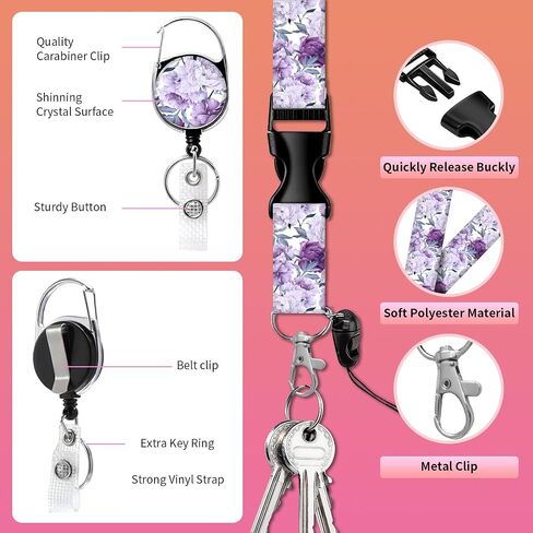 ID Badge Holder with Heavy Duty Retractable Badge Reel Clip and Lanyard, Cute Card Name Tag Lanyard Vertical ID Protector Badge Clips for Nurse Doctor Teacher Student(Purple Floral) in Saudi Arabia