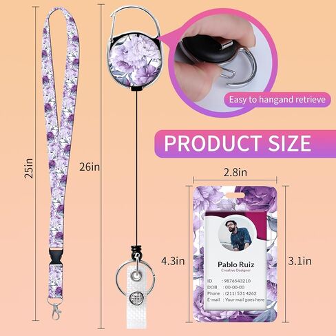 ID Badge Holder with Heavy Duty Retractable Badge Reel Clip and Lanyard, Cute Card Name Tag Lanyard Vertical ID Protector Badge Clips for Nurse Doctor Teacher Student(Purple Floral) in Saudi Arabia