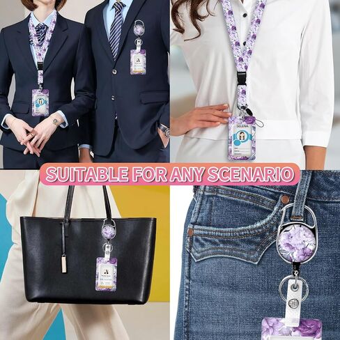ID Badge Holder with Heavy Duty Retractable Badge Reel Clip and Lanyard, Cute Card Name Tag Lanyard Vertical ID Protector Badge Clips for Nurse Doctor Teacher Student(Purple Floral) in Saudi Arabia