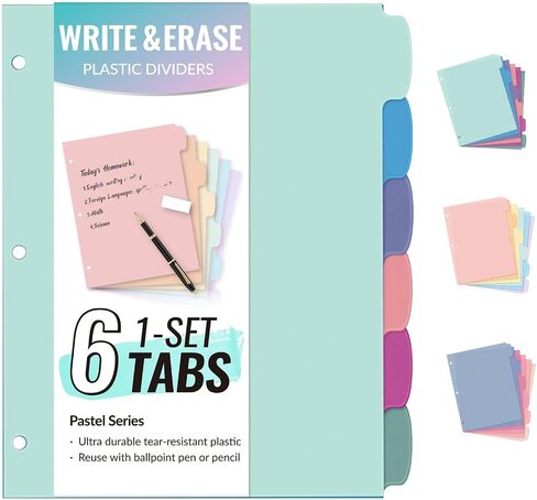 Sooz 6-Tab Tab Date Blastic Write & Erase Big Tab Dividers for 3 Ring Binder ، مجموعة موثق الباستيل اللطيفة الجمالية للطالب ، المعلم ، المكتب ، المنظمين المنزليين ، مجموعات واحدة ، باستيل in Kuwait