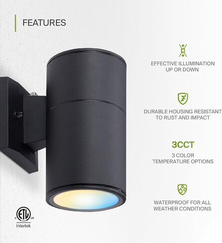 ASD LED 2-Way Round Cylinder Wall Light Fixture | 30W 900LM RGB-2700K-6500K 120V | Smart, Multicolor, Waterproof, ETL Listed | Exterior Patio Up-Down Lighting Sconce, Outdoor Lamp | Black, 2 Pack in Saudi Arabia