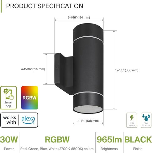 ASD LED 2-Way Round Cylinder Wall Light Fixture | 30W 900LM RGB-2700K-6500K 120V | Smart, Multicolor, Waterproof, ETL Listed | Exterior Patio Up-Down Lighting Sconce, Outdoor Lamp | Black, 2 Pack in Saudi Arabia