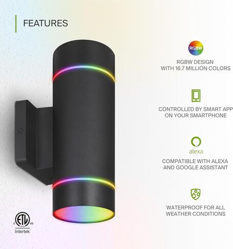 ASD LED 2-Way Round Cylinder Wall Light Fixture | 30W 900LM RGB-2700K-6500K 120V | Smart, Multicolor, Waterproof, ETL Listed | Exterior Patio Up-Down Lighting Sconce, Outdoor Lamp | Black, 2 Pack in Saudi Arabia