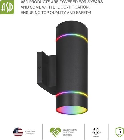 ASD LED 2-Way Round Cylinder Wall Light Fixture | 30W 900LM RGB-2700K-6500K 120V | Smart, Multicolor, Waterproof, ETL Listed | Exterior Patio Up-Down Lighting Sconce, Outdoor Lamp | Black, 2 Pack in Saudi Arabia