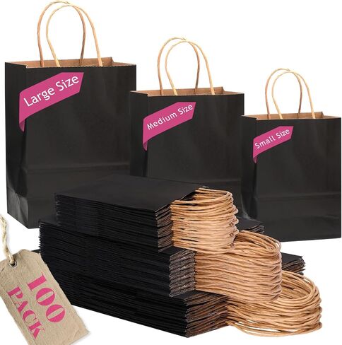 qiqee 100-Packs Black Paper Gift Bags with Handles Bulk Assorted Sizes(33 Large 13", 33 Medium 11", 34 Small 8") in Saudi Arabia