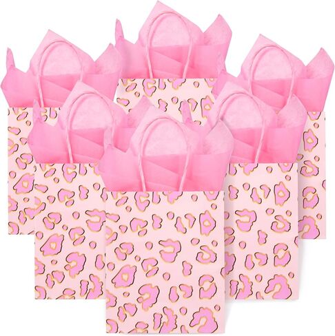 Djinnglory 24 Pack Mini Mini Pink Leopard Leopard Print Paper Paper Bass مع مقابض 6.5x5.5x3 بوصة وورق للأنسجة للاستحمام الزفاف ، وأعياد الميلاد ، واستحمام الأطفال ، وفضلات الزفاف in Kuwait