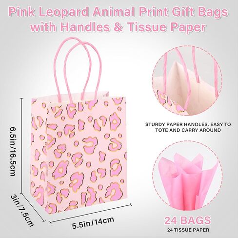 Djinnglory 24 Pack Mini Mini Pink Leopard Leopard Print Paper Paper Bass مع مقابض 6.5x5.5x3 بوصة وورق للأنسجة للاستحمام الزفاف ، وأعياد الميلاد ، واستحمام الأطفال ، وفضلات الزفاف in Kuwait
