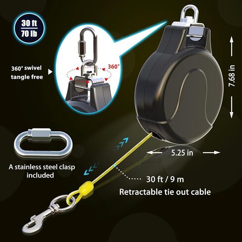 30ft Retractable Dog Leash and Dog Tie Out Cable, 2-in-1 Lead for Zipline, Aerial Run Cable Trolley Or Anchor, No Tangle Retractable Tie Out Reel for Camping Or Yard in Saudi Arabia