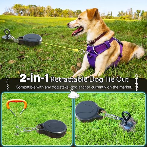 30ft Retractable Dog Leash and Dog Tie Out Cable, 2-in-1 Lead for Zipline, Aerial Run Cable Trolley Or Anchor, No Tangle Retractable Tie Out Reel for Camping Or Yard in Saudi Arabia