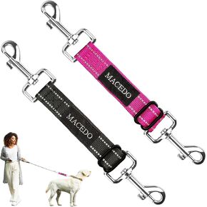 MACEDO Pair of Safety Clips for Dog Collar, Nylon, Reflective | Double Ended Strap Connector Adjustable Tips. (Black + Pink)
