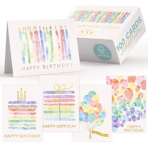 VNS Creations 100 Pack 4x6 Happy Birthday Cards Bulk with Envelopes & Stickers - Boxed, Blank Inside, Variety, Office Party - Assorted Birthday Greeting Note Cards Assortment Box for Kids & Adults