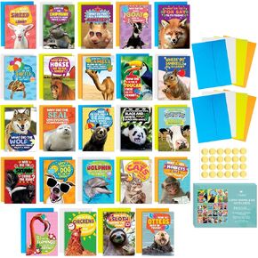 T MARIE 24 Funny Animal Joke Notecards With No Repeats - Humorous Bulk Cards Set - 4.5" x 6.25" Thinking of You Cards for Friends, Kids, Students, Teachers, Summer Camp and More