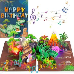 Dinosaur Musical Birthday Cards for Kids Boys Girls - 3D Pop Up Birthday Greeting Cards with Colorful LED Light & Blowout Candle & Birthday Music - Dinosaur Theme Birthday Party Gifts