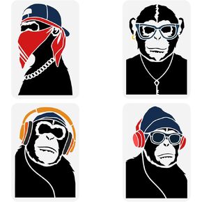 FINGERINSPIRE 4Pcs 4 Styles Hiphop Chimpanzee Stencil 8.3x11.7inch Orangutan Pattern Drawing Template Gorilla with Headphones Stencil Plastic Monky Stencil for Painting on Wall Wood DIY Home Decor