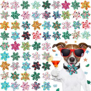 Cunno 60 Pcs Dog Collar Flowers Bulk Summer Hawaiian Dog Bow Ties Dog Collar Accessories Pet Charms Grooming Flamingo for Small Medium Large Cat Puppy Dog Collar Attachment Summer Hawaiian Costume