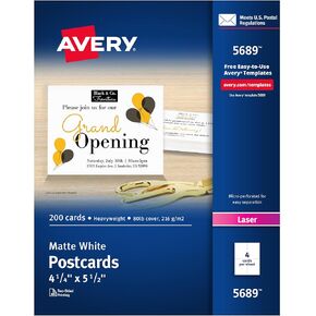بطاقات بريدية قابلة للطباعة Avery ، 4.25 "× 5.5" ، أبيض ، 200 بطاقات بريدية فارغة لطابعات الليزر (5689)