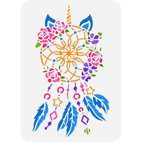 FINGERINSPIRE Single Horn Horse Dream Catcher Painting Stencil 11.7x8.3 Hollow Out Flowers Feathers Craft Stencil Reusable Woven Net Stencil for Wall Decor, Photo Album, Canvas Bag, Fabric Clothes