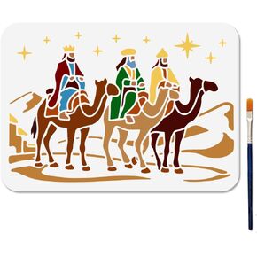 MAYJOYDIY Wise Men Stencil 11.7x8.3inch Reusable Desert Camel Stencils for Craft Christmas Nativity Paint Template Stencils with Paint Brush for Floor Wall Tile Fabric Furniture Decoration