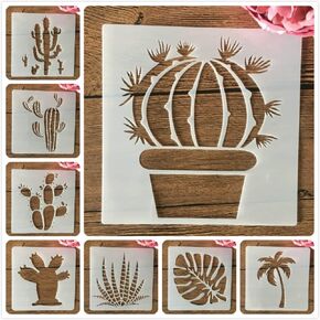 TIAMECH 8 Pieces Cactus Stencils for Painting Reusable Succulent Plants Palm Tree Layering Stencil DIY Scrapbook Coloring Decorative Templates (6 x 6 inches)